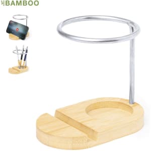 A bamboo pencil holder featuring a metal ring for holding items, designed for an organised workspace.