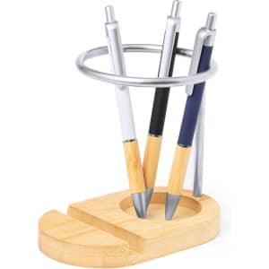 A bamboo pencil holder with a circular metal ring, featuring three pens in silver, white, black, and blue.