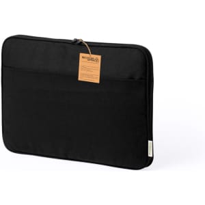A black laptop pouch with a zip closure and a tag, featuring a front pocket and a simple design.