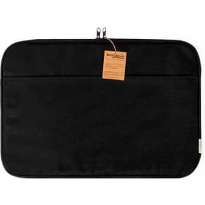 A black laptop pouch with a smooth exterior and a logo. Features a zip closure and a tag attached.