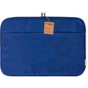 A blue laptop pouch with a zipper and a tag. The pouch features a simple design and has a logo.