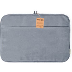 A grey laptop pouch with a zip closure and a tag, featuring a plain design and one outer pocket.