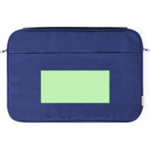 A navy laptop pouch with a smooth texture and a blank rectangular section, featuring a zip closure and branding.