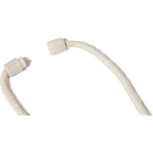 A beige lanyard with white ends, featuring a textured finish and a logo on one side.