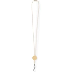 A beige lanyard with a round attachment and a metal clip at the end, ideal for holding ID cards or badges.
