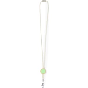 A lanyard in cream and green with a round clip for attachment, featuring a logo on the clip.
