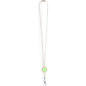 A green and cream lanyard features a circular badge holder and a metal clip for attaching items.