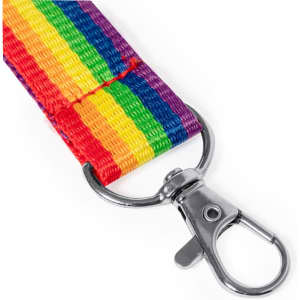 A vibrant rainbow lanyard featuring a metal clip for attachments. It has stripes in red, orange, yellow, green, blue, and purple.