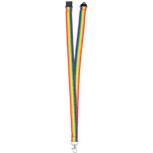 A rainbow-coloured lanyard with two strands and a clip at the bottom, featuring a logo.