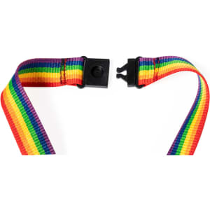 A rainbow-striped lanyard with black clips at each end. The design features vibrant, multicoloured stripes.