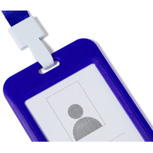 A purple lanyard with a clear ID badge holder and a white clip. Features a logo on the lanyard.