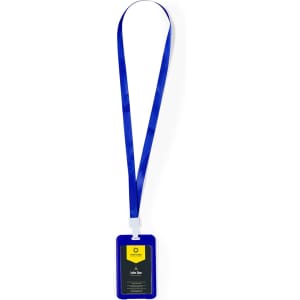 A blue lanyard with a clear ID badge holder attached, featuring a logo. Ideal for events and exhibitions.
