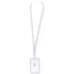 A grey lanyard with a clear ID badge holder and a simple logo.