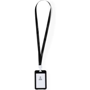 A black lanyard with a plastic badge holder attached, featuring a blank identification card space.