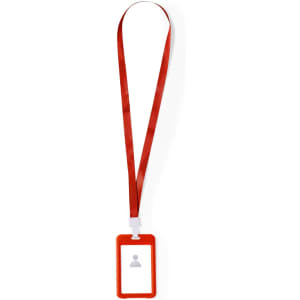 A red lanyard with a clear ID badge holder and a plastic clip for attaching.