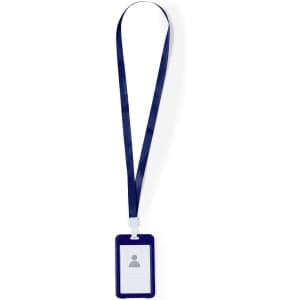 A navy blue lanyard with a clear ID badge holder attached, featuring a logo.