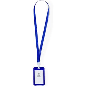 A blue lanyard with a rectangular ID badge holder, featuring a blank space for an identification card.