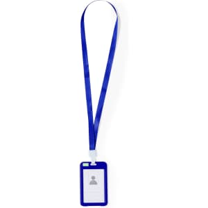A blue lanyard with a clear ID badge holder attached, designed for exhibitions and events.