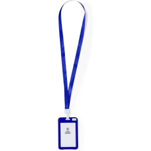 A blue lanyard with a clear ID badge holder attached, suitable for exhibitions and events.