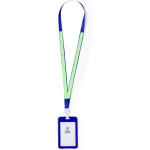 A blue and green lanyard with a transparent ID badge holder attached.