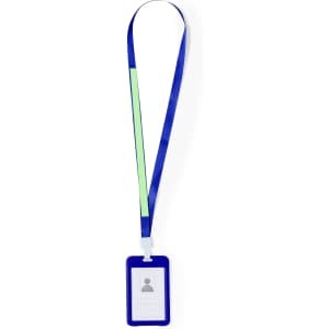 A blue ID badge lanyard with a green highlight, featuring a plastic holder for an identification card.