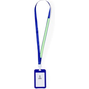A blue and green lanyard with a clear ID badge holder attached.