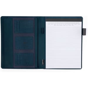A dark blue folder with multiple card pockets and a lined notepad, featuring a logo.