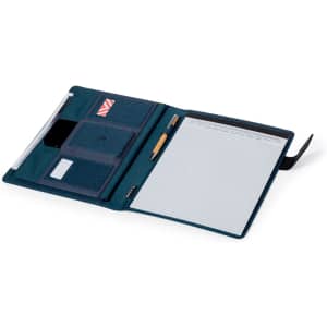 A navy Linnoa Folder featuring compartments for documents, a notepad, and a pen. Includes a logo in one corner.