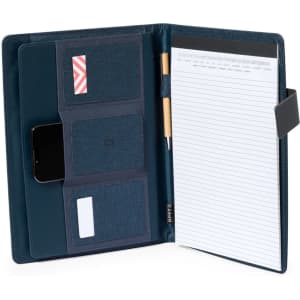 A navy Linnoa Folder featuring card slots, a phone pocket, a pen, and a notepad section.
