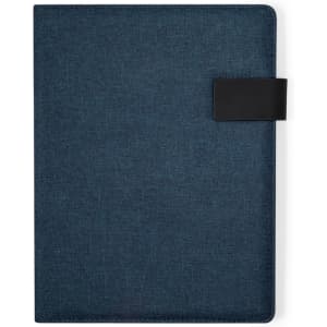 A dark blue folder with a textured finish and a black closure band. Features a logo on the cover.