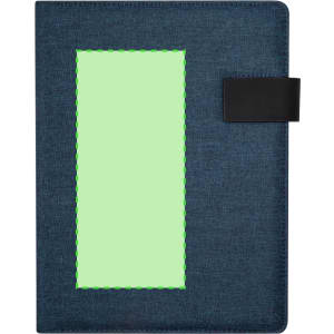 A blue Linnoa Folder featuring a black closure and a green stitched area on the front, suitable for office use.