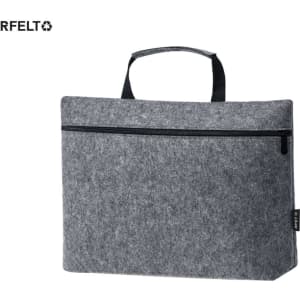 A grey laptop bag with a zip closure and a handle, featuring a logo on the side.