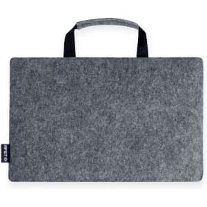 A grey felt laptop bag with a handle, featuring a logo on the side.