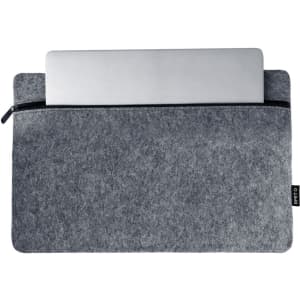 A grey laptop bag with a zip closure, featuring a soft felt texture and a laptop partially inserted.