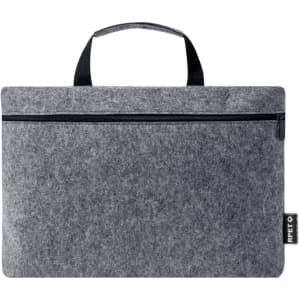 A grey felt laptop bag with a handle and a zippered pocket. It features a logo on the side.