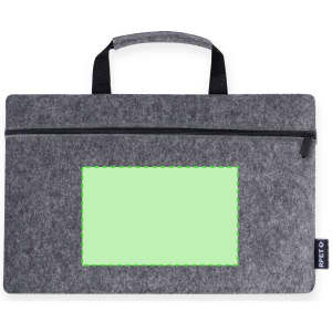 A grey laptop bag with a zippered closure, featuring a handle and a branding logo.