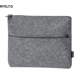 A grey felt laptop pouch featuring a zip closure and an additional front pocket. It has a logo on the side.