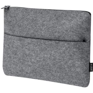 A grey laptop pouch made from felt material, featuring a front pocket and a logo tag.