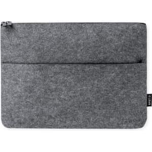 A grey laptop pouch featuring a front pocket and a zip closure, with a logo on the side.