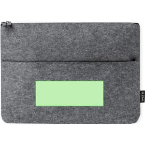 A grey laptop pouch featuring a front pocket and a logo. It is made from felt material.
