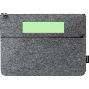 A grey felt laptop pouch featuring a zip closure and a front pocket, with a logo on the side.
