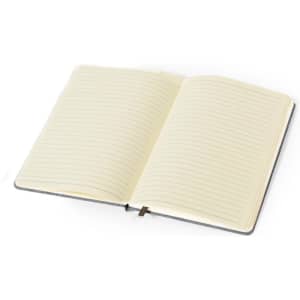 An open notepad with lined pages and a grey cover, featuring a ribbon bookmark.