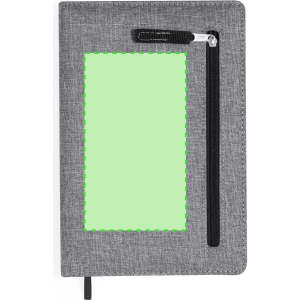 A grey notepad with a zippered pocket and a blank green area, featuring a black elastic strap.