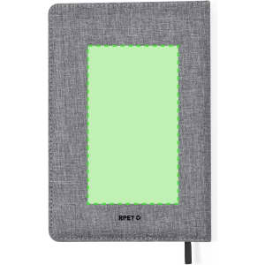 A grey notepad with a textured cover and a green stitched border. It features a logo on the front.