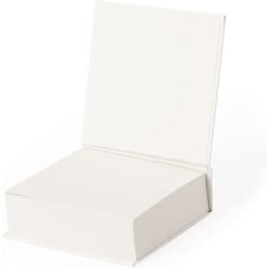 A white notepad with a rigid cover, opened to reveal blank pages inside. It features a simple, minimalist design.