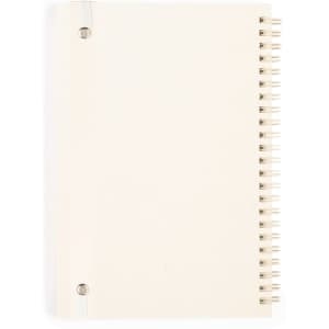 A white spiral-bound notebook with a plain cover and metal ring binding, featuring a logo on the front.