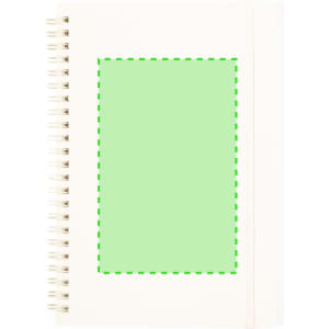 A spiral-bound notebook with a green cover and a blank rectangular area in the centre. It has a logo on the front.