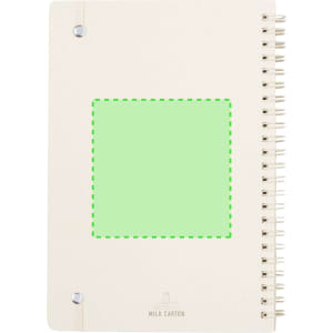 A cream-coloured spiral notebook with a blank green square on the front and a logo at the bottom.