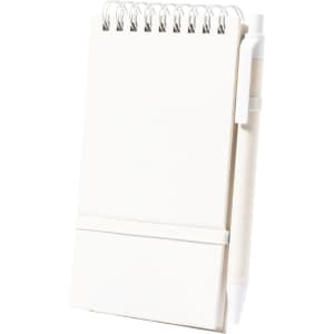 A white spiral-bound notebook with a cream cover and a pen secured in a side holder. It has a logo on the front.