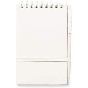A white spiral-bound notebook with a band and a pen attached. The notebook features plain pages.